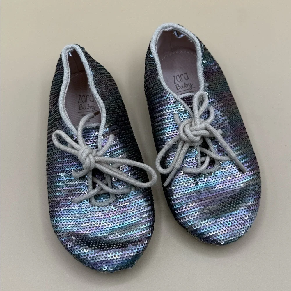 ZARA Baby Sequin Lace Up Shoes Size 23 Iridescent Sparkle Toddler Sneakers